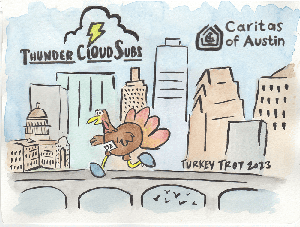 Cartoon turkey running across Austin skyline