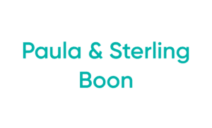 Paula & Sterling Boon teal text on white