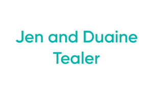 Teal text reading Jen and Duaine Tealer