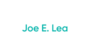 Teal text reading "Joe E. Lea" on white