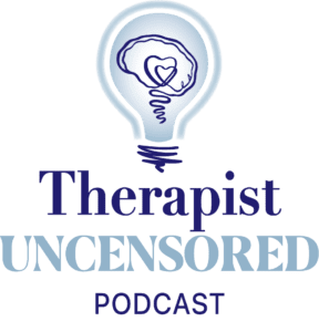 Therapist Uncensored podcast logo with lightbulb