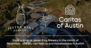 Aerial view with Jester King and Caritas logos