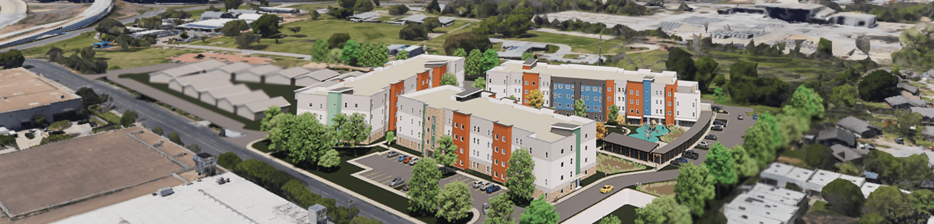 Aerial view of colorful modern apartment complex