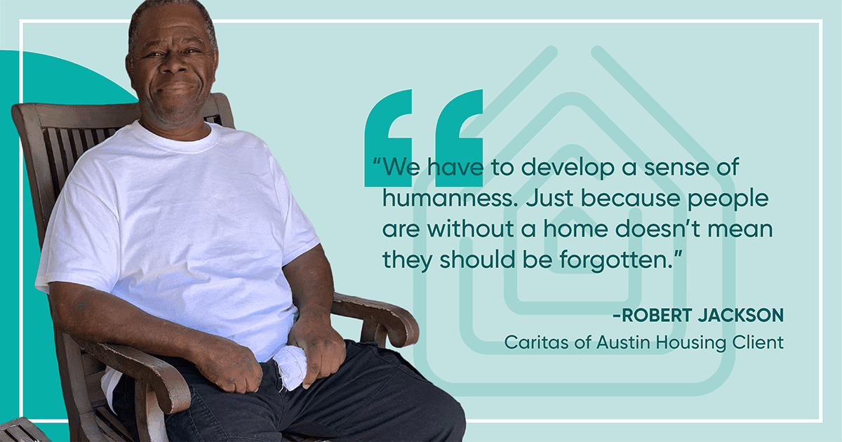 Man seated with quote about homelessness