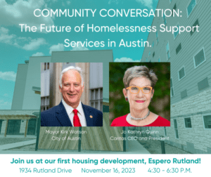Community conversation flyer about Austin homelessness services