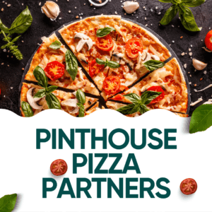 Pinthouse Pizza Partners logo above sliced pizza