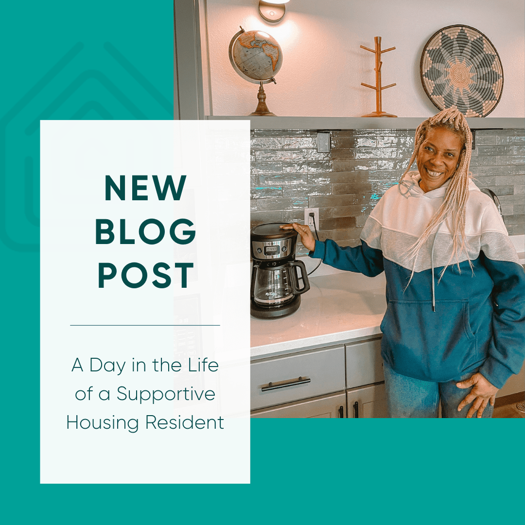 Resident smiling in kitchen by coffee maker