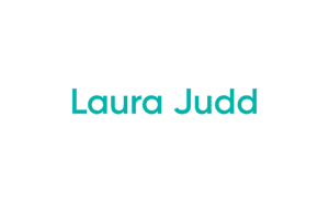 Teal name text centered on white background