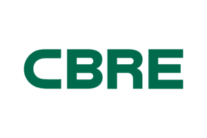 Green CBRE logo on black background