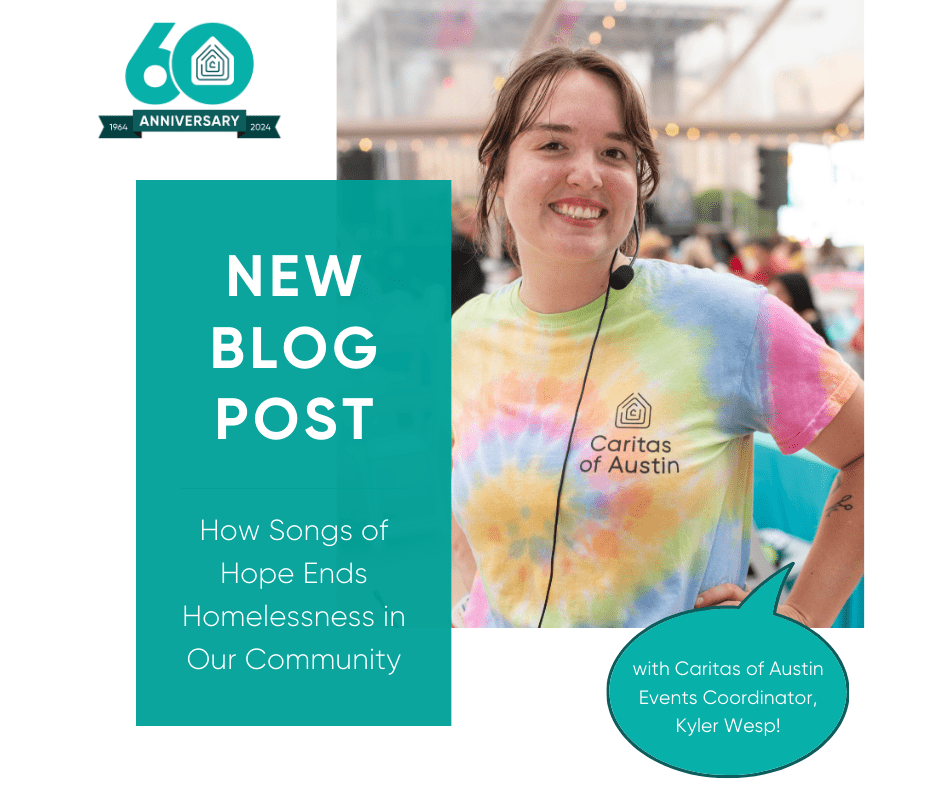 Smiling volunteer in tie-dye Caritas tee