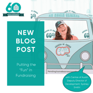 Smiling woman in retro van fundraising graphic