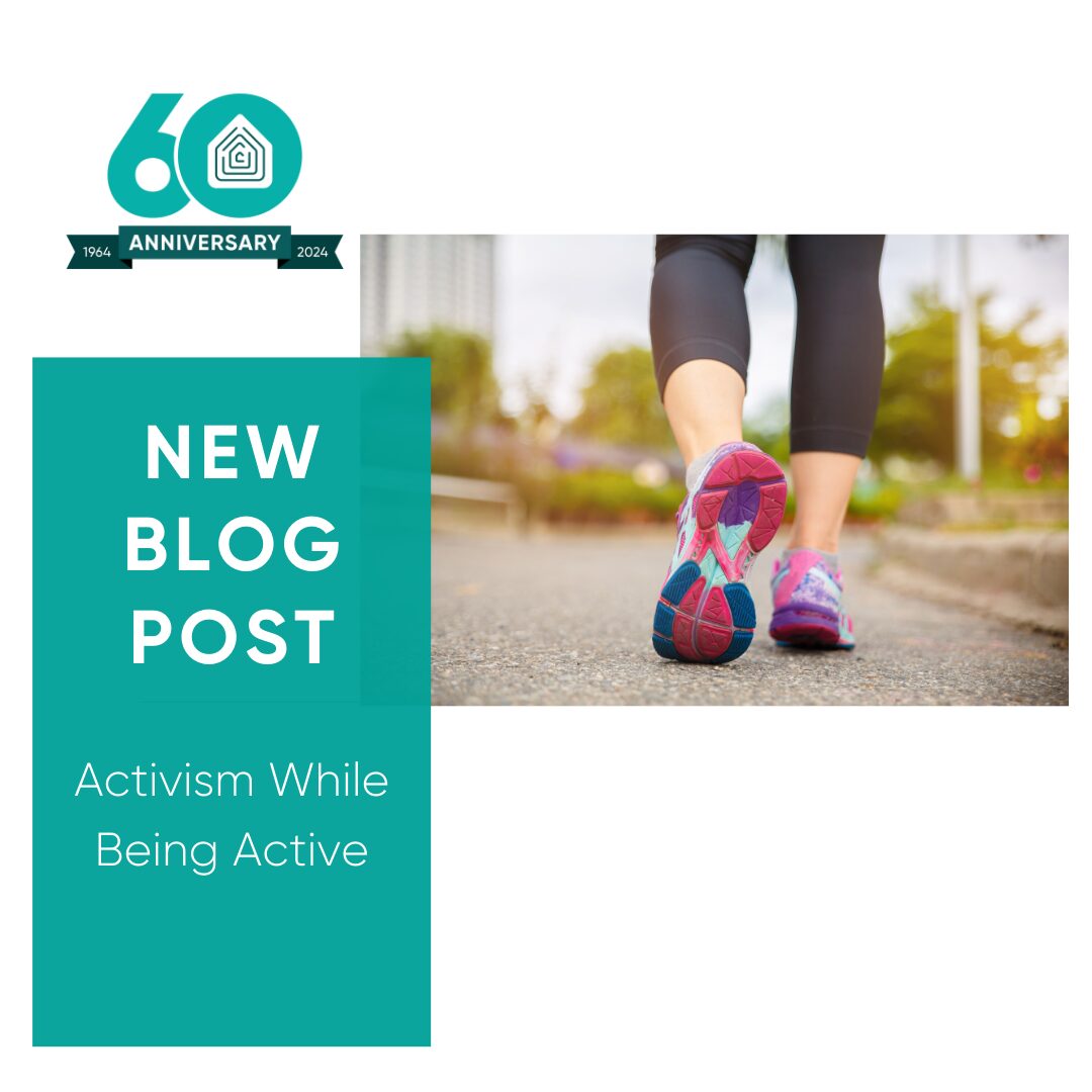 Blog graphic: walking shoes on path