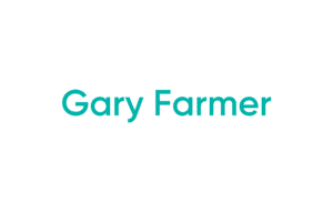 Teal text reading "Gary Farmer" on white background