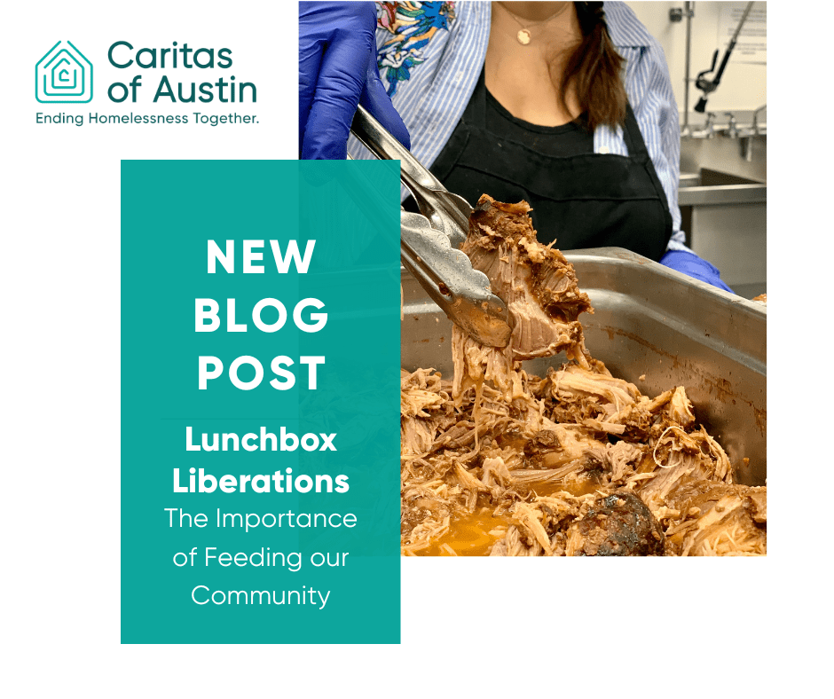 Volunteer serving shredded pork in community kitchen