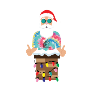 Tie-dye Santa with sunglasses emerging from chimney