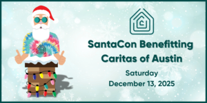 Tie-dye Santa in chimney promoting SantaCon Austin event