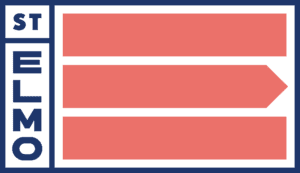 Blue STELMO sign with coral arrow bars