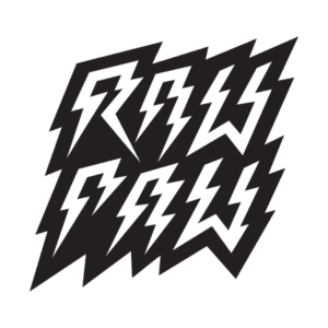 White lightning-bolt text logo on black background