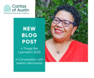 Smiling woman beside Caritas blog post graphic