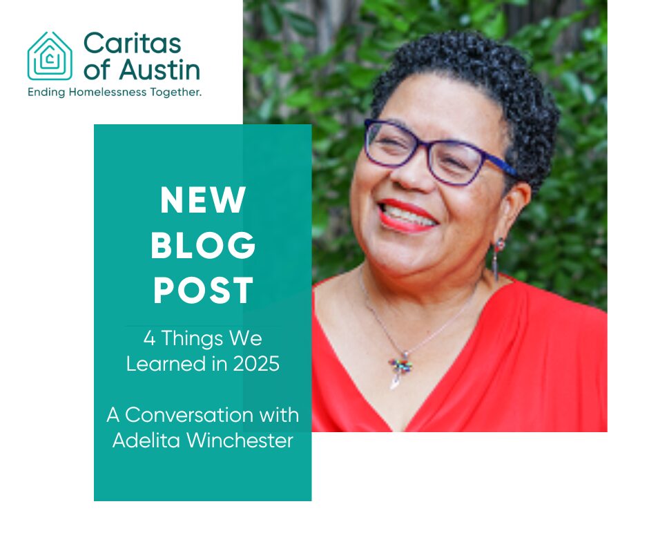 Smiling woman beside Caritas blog post graphic