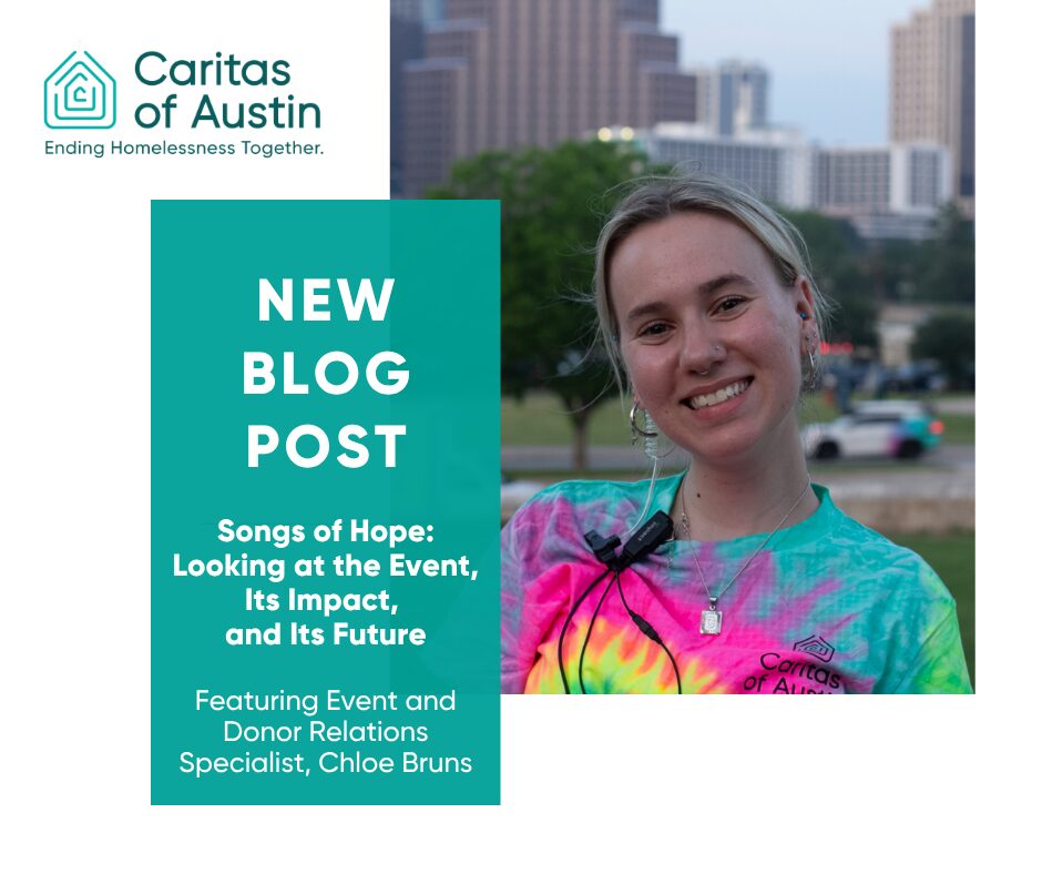 Smiling volunteer wearing tie-dye shirt, Austin skyline