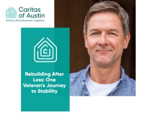 Smiling veteran next to Caritas of Austin logo